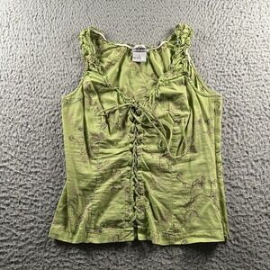 Vtg Byerwear Top Womens L Lace Up Corset Floral Embroidered Green Ruffle Y2K